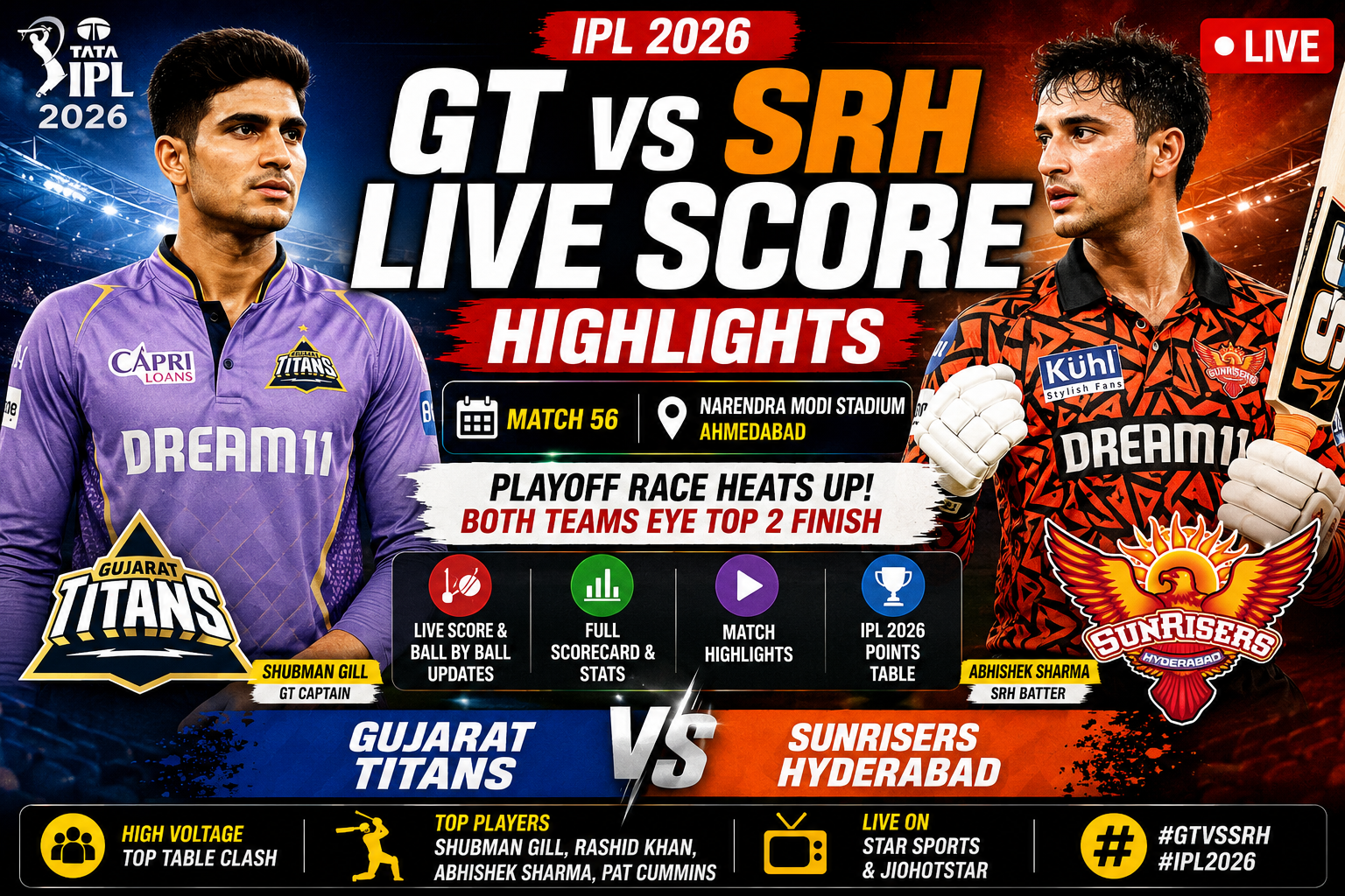 GT vs SRH IPL 2026 Highlights: Shubman Gill’s Gujarat Titans Face Sunrisers Hyderabad In Massive Playoff Clash